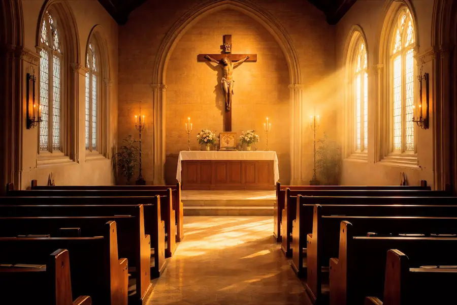 Quiet church interior looking toward the altar and crucifix
